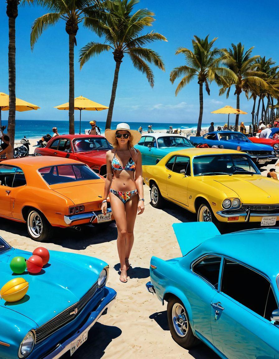 A vibrant summer beach scene featuring a group of diverse vehicle enthusiasts dressed in colorful beachwear, showcasing stylish swim trunks, sun hats, and sunglasses. The background displays classic cars and motorcycles parked along the sandy shore with palm trees swaying in the breeze, and a bright sun illuminating the scene. Add splashes of water and beach accessories like surfboards and beach balls for a dynamic touch. Illustrative style with bold colors and playful elements.