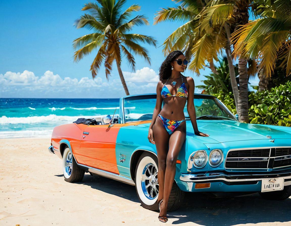 A stylish beach scene featuring a trendy beachwear model beside a sleek luxury car, with a vibrant ocean backdrop. The model is showcasing colorful swimwear that has automotive designs, like tire prints and chrome accents. Incorporate palm trees and sun umbrellas to evoke a relaxing getaway vibe. The overall composition should reflect a passion for both beach life and car culture. vibrant colors. super-realistic. pristine beach setting.